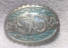 Silver Belt Buckle Turquoise Offset Color Oval Flowers Chambers Brand Vintage
