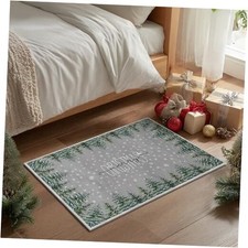 Grey Pine Tree Merry Christmas Door Mat, Winter Home Decor Low-Profile Non