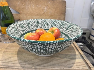 Large LA Primula Spongeware Vintage Green/White Speckled Bowl 13  Large Italy