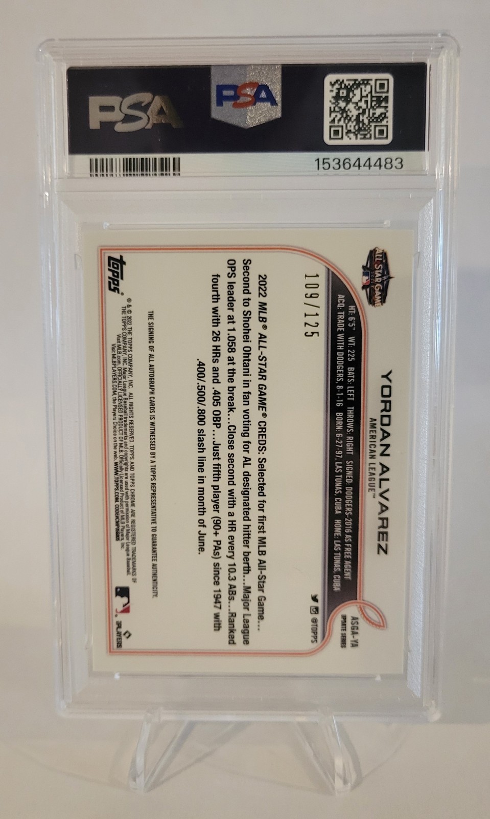 2022 Topps Chrome Update - Yordan Alvarez All-Star X-Fractor Auto /125 - PSA 9 view 2