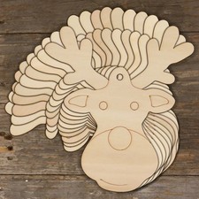 10x Wooden Reindeer Head Smiling Comic Shapes 3mm Plywood Christmas Decoration