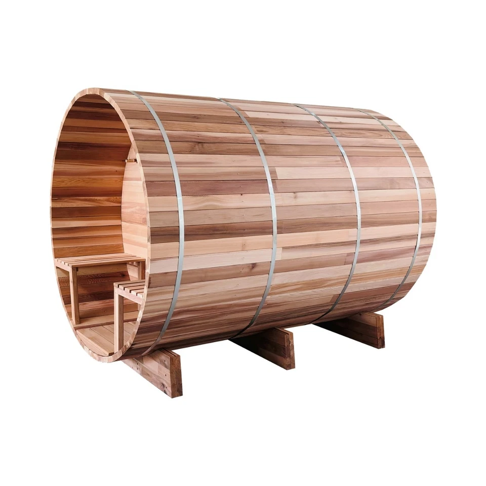 Sauna de barril, cedro rojo articulado con dedos, porche, calentador eléctrico, 8 pies, ajuste 4+2 Foto 4 de 4