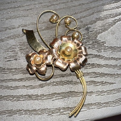 Vintage Harry Iskin Brooch Pin 3 Inch 1/20 12k Gold Filled Pearl Crystal Flower