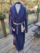 1950s Pierre Cardin Robe Bathrobe XL Blue Velour Pink Trim Belted Pockets READ