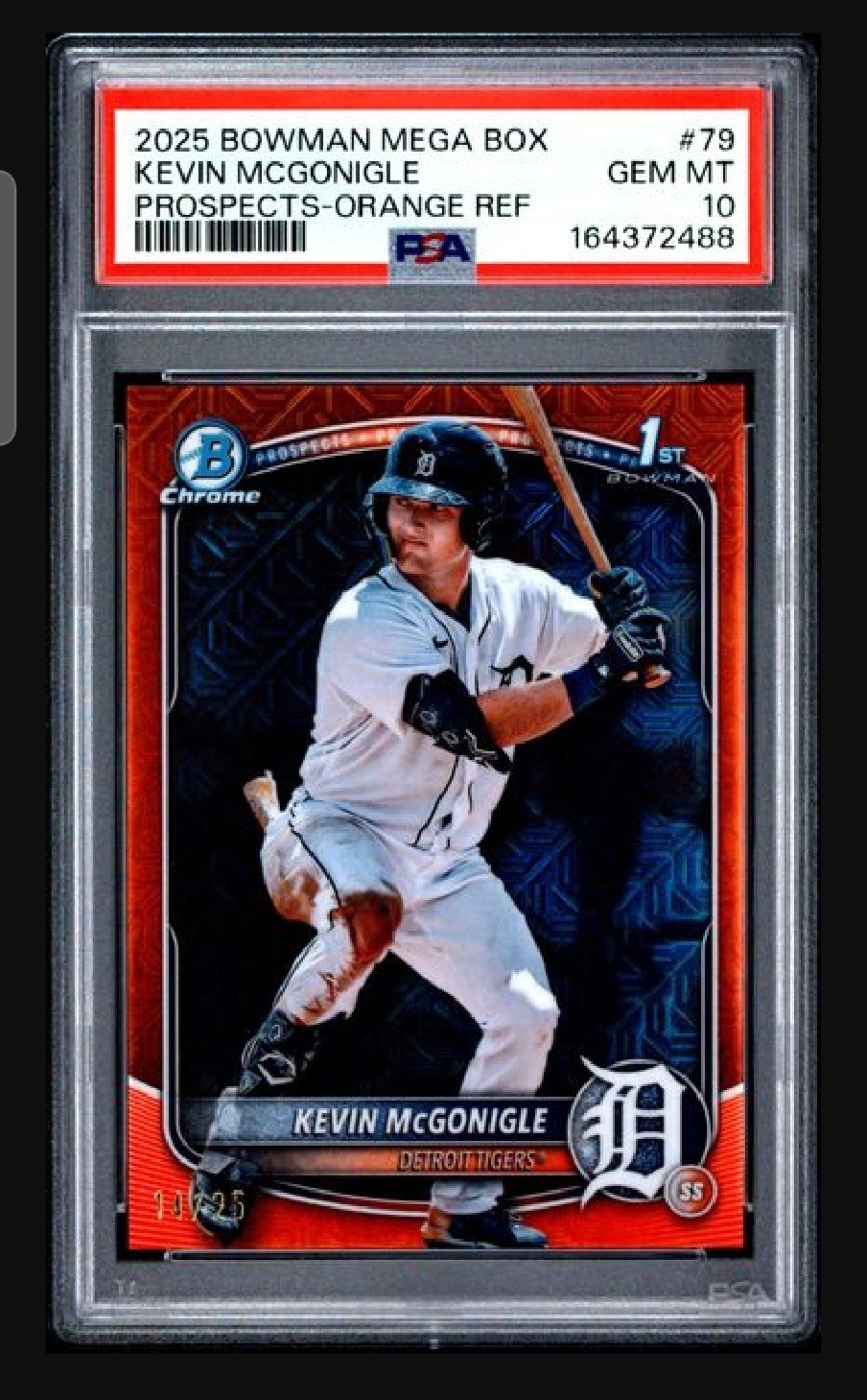 2025 Bowman Chrome Mega Mojo BCP-79 Kevin McGonigle Orange Refractor #/25 PSA 10