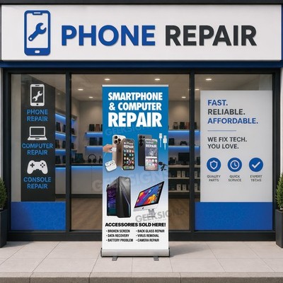 Retractable Banner Stand Custom Print iPhone Galaxy iPad Computer Repair Display