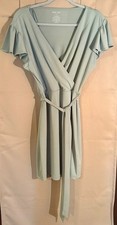 Womans Size L Nine West Seafoam Blue Green Faux Wrap Flutter Sleeve Dress