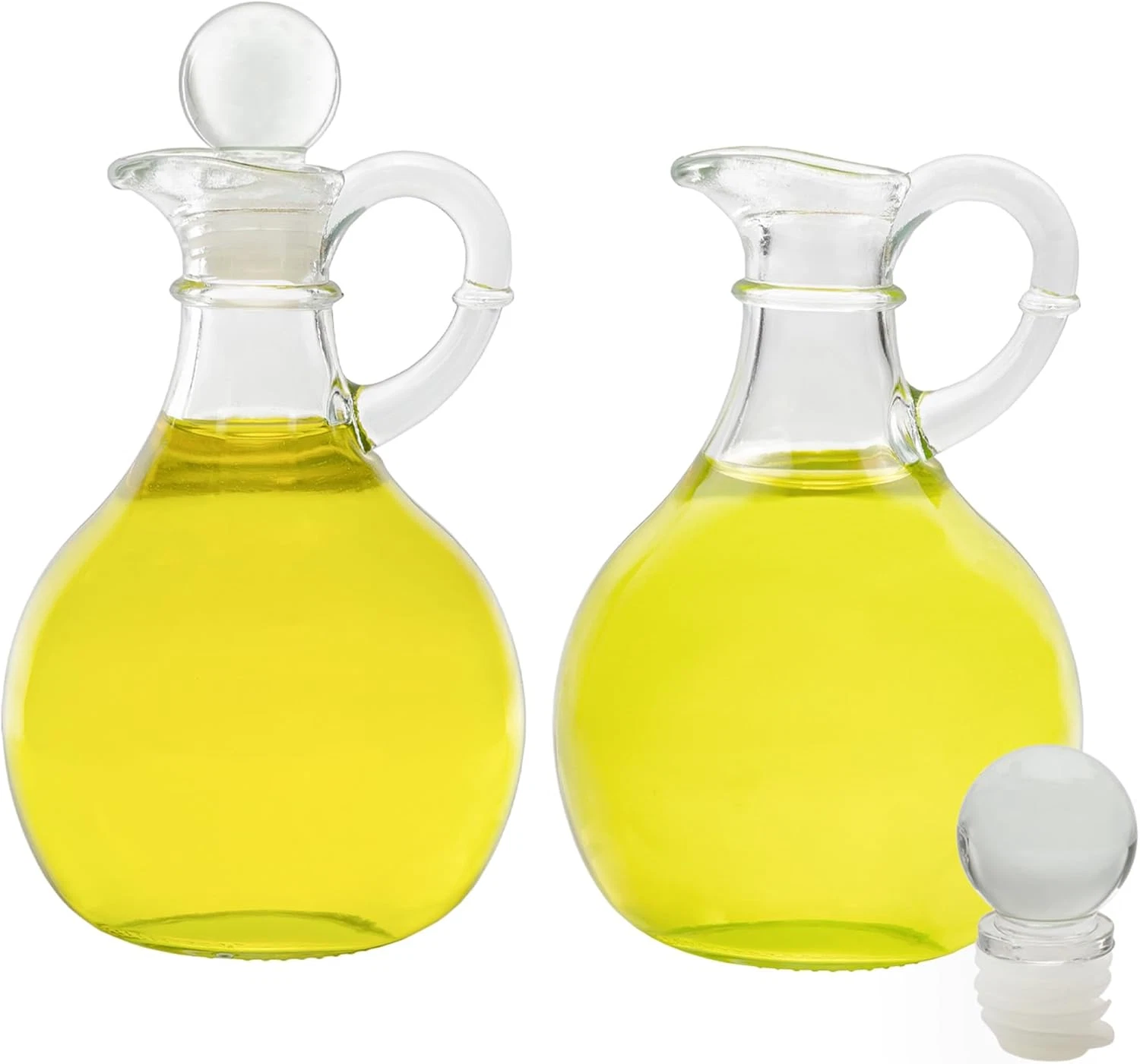 Glass Oil and Vinegar Cruets (Set of 2); 8Oz round Oil Dispensers / Salad Dressi