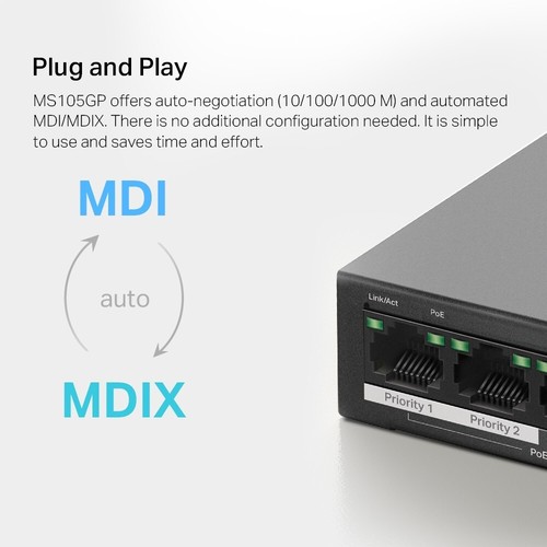 Mercusys MS105GP 5-Port Gigabit Desktop Switch with 4-Port PoE+ Long Range 65w - Picture 10 of 11