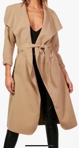 Women Italian Long Duster Jacket Ladies French Belted Trench Waterfall Coat 8-22 - Picture 4 of 18