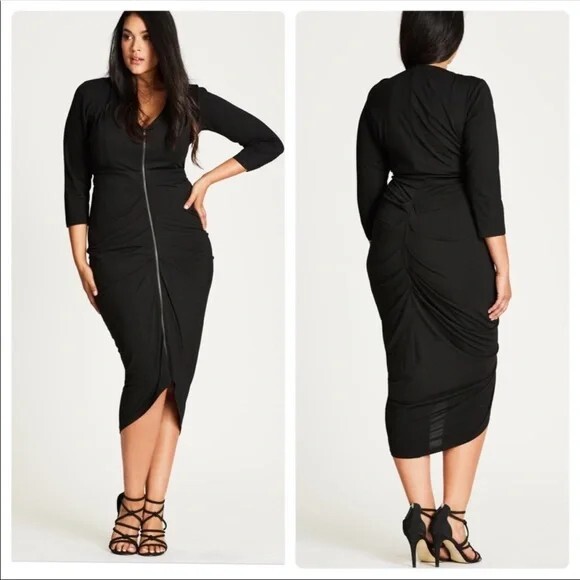 City Chic Women Size XS AU 14 Black Sexy Drape Dress Sleeveless Fitted Bodycon