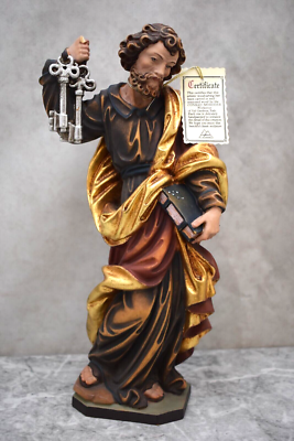 イタリア　Conrad Moroder社　木彫り人形 Hand Carved Wood Statue of St. Peter by Conrad Moroder, with COA