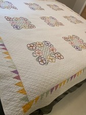 1950s Embroidered Pansy Squares Quilt 78 x78
