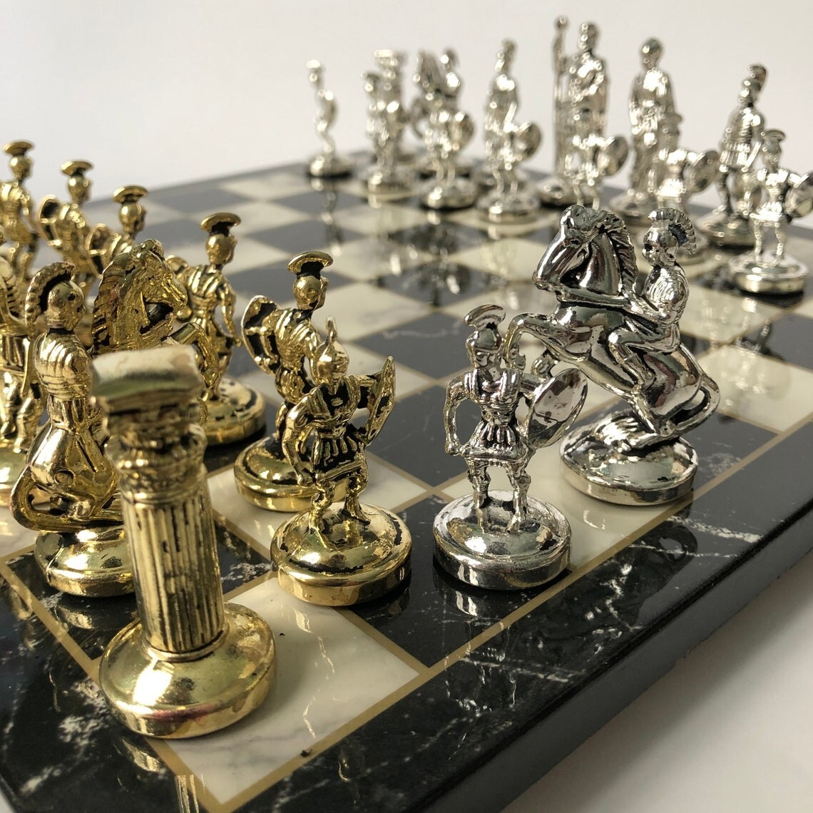 Chess set roman vintage chess pieces and marble wood chess board