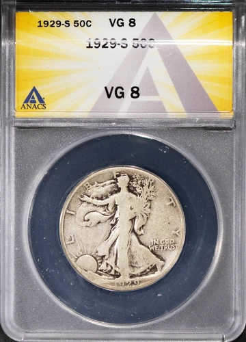 1929-S 50c Silver Walking Liberty Half-dollar VG 8 ANACS # 7577319 +Bonus
