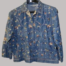 Womens Embroidered Denim Jacket M Cotton Blue Floral Cottagecore Fairy