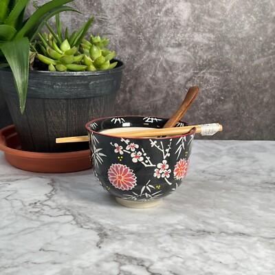 5''Oriental Floral Pattern Black Ceramic Ramen Noodle Rice Bo Gift Set of 3pieces