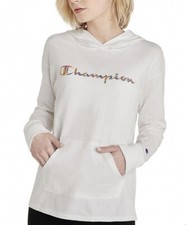 CHAMPION Women's Color Logo Cotton Hoodie In White Size M