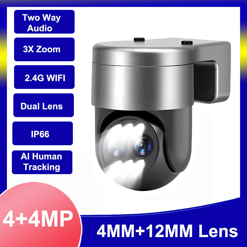 HD 8MP Dual Lens Camera Outdoor Home Wireless IP 3X Zoom PTZ CCTV 2-Way Audio
