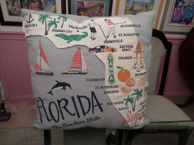 UNIQUE FLORIDA HAND EMBROIDERED APPLIQUED PILLOW W/ MAJOR CITIES + DESTINATIONS