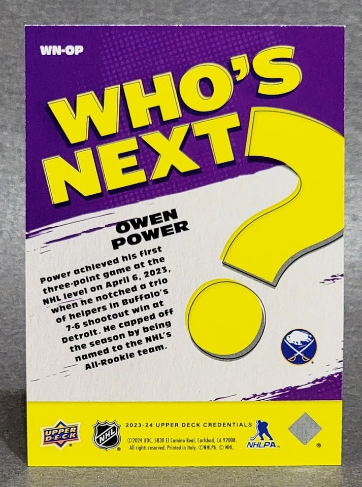 2023-24 Upper Deck Credentials Who’s Next #WN-OP Owen Power - Image 2 of 2