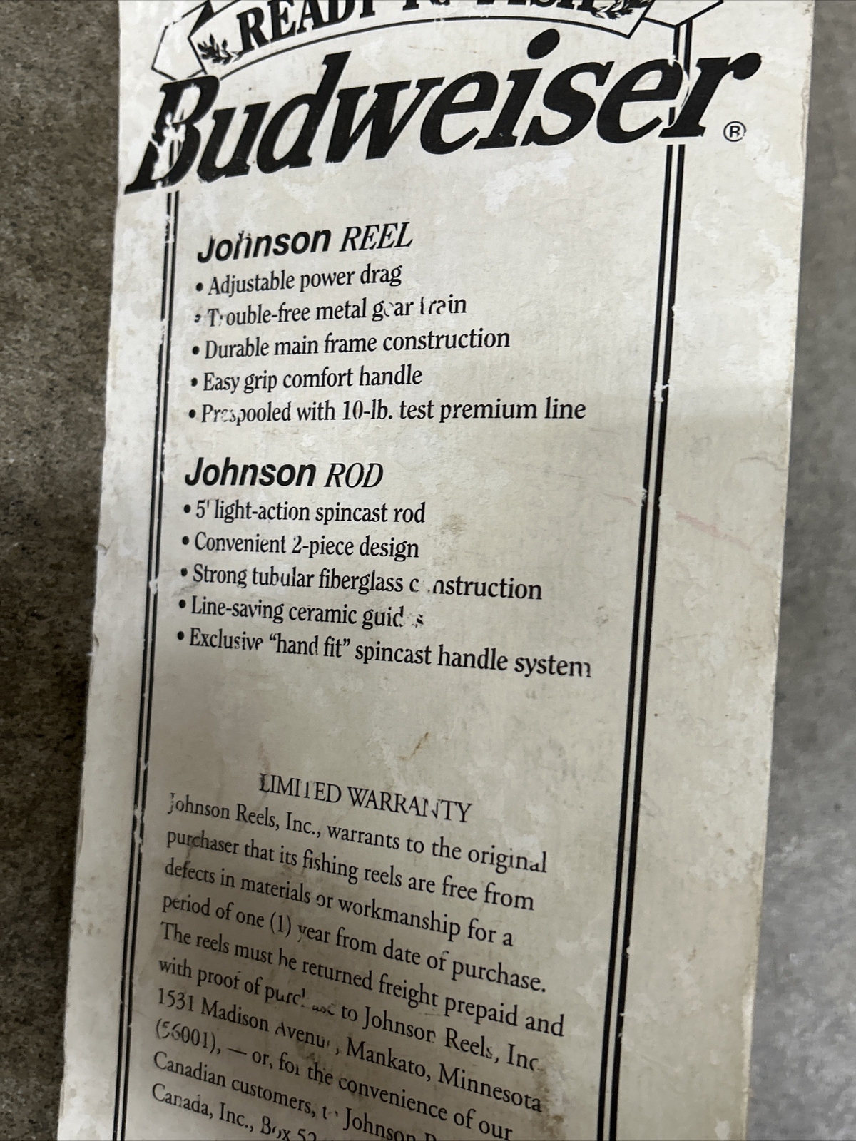 Vintage 1995 Budweiser Ready to Fish Fishing Bud Rod Reel Pole Johnson