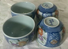 Hand Painted Chinese Porcelain Tea Bowl, Blue With Floral Pattern, Marked, 4pc
