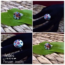 Handmade peruvian ring 950 silver w/stones shells geometric figures Size 7.5-8.5
