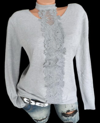 Damen Pullover AusgefallenHäkelspitze Strickpulli Sweater Pulli Hellgrau36 38 40