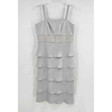 Davids Bridal Silver Ruffled Beaded Dress Back Zip Size 8