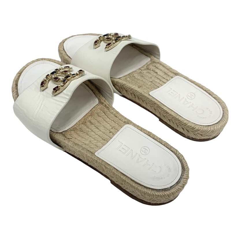 CHANEL Sandals Shoes Leather White Gold Coco Mark