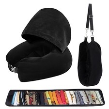 Stuffable Travel Neck Pillow with Hood, Soft Velvet Travel Neck Pillow Stuffa...