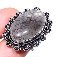 Natural Black Rutilated Quartz Gemstone 925 Sterling Silver Ring Size 6.5 E688