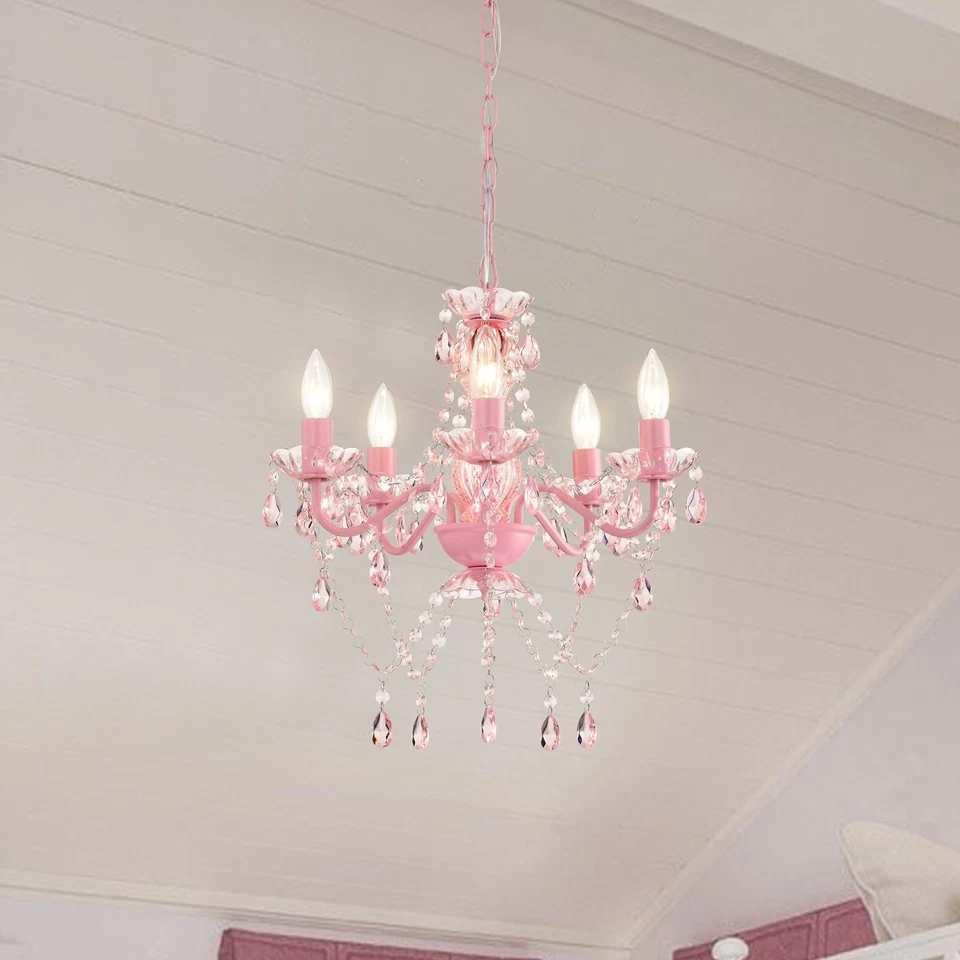 Lámpara de araña de cristal rosa - Accesorio de techo acrílico de 5 luces para dormitorio de niñas Foto 4 de 4