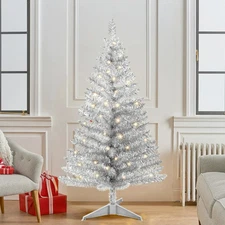 4ft Lighted Silver Artificial Christmas Tree Small Mini Xmas Tree with 50 Lights