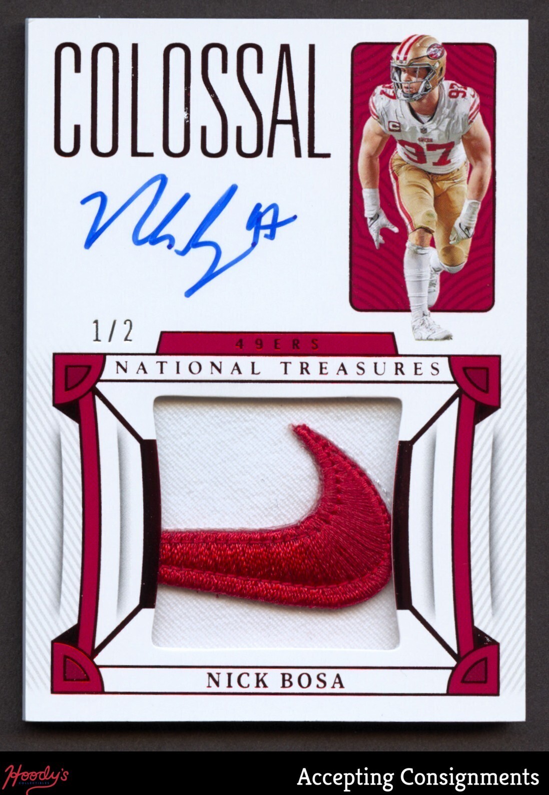 2022 National Treasures Colossal Red Nick Bosa NIKE LOGO SWOOSH PATCH AUTO 1/2