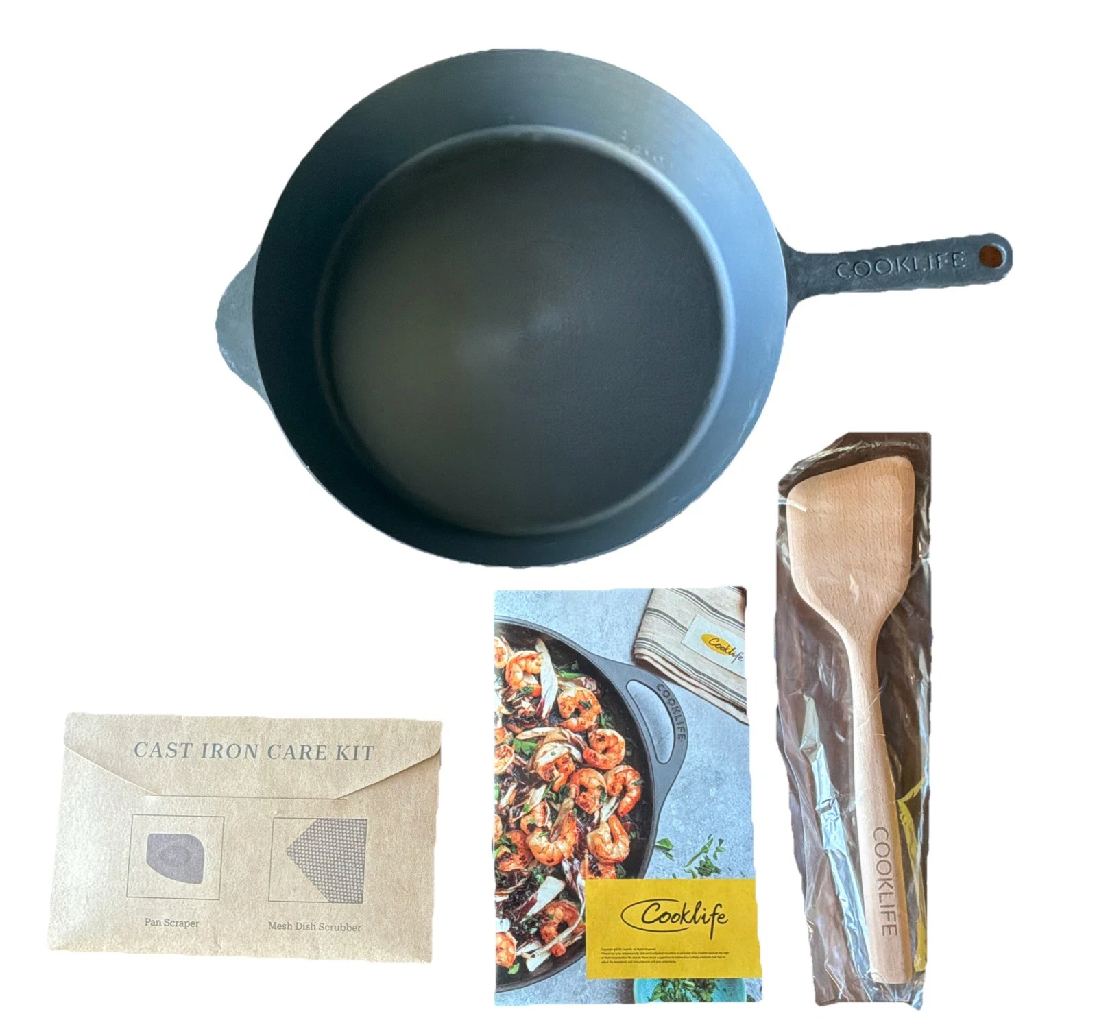Cooklife 12” Cast Iron Skillet SmoLight Lightweight &Wooden Spatula NEW Open Box