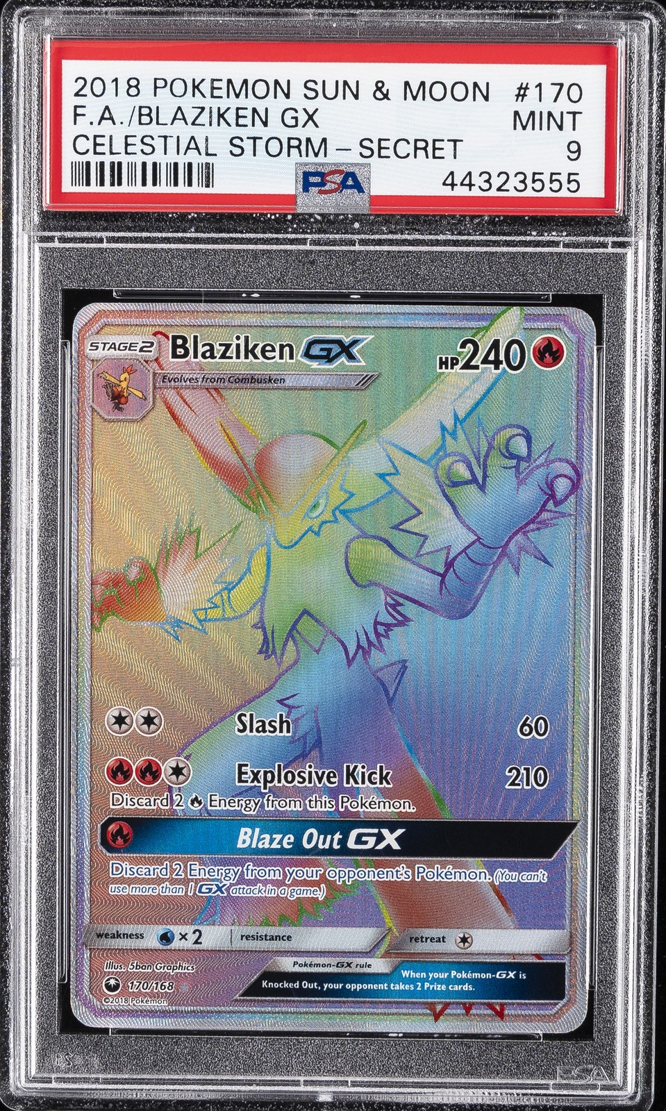 2018 POKEMON SUN & MOON CELESTIAL STORM SECRET #170 FULL ART/BLAZIKEN GX PSA 9
