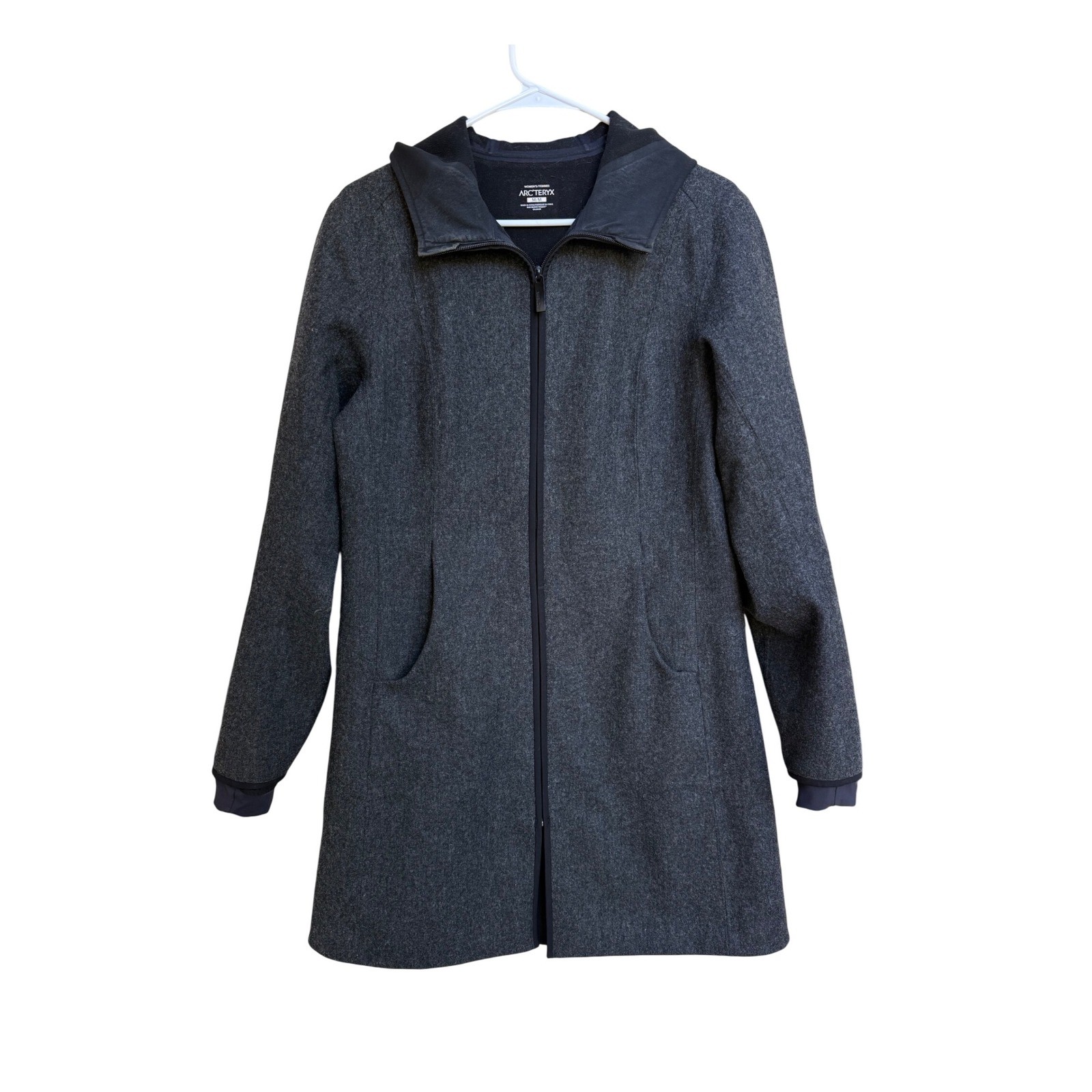 Arc'teryx Lanea cappotto midi lana con cappuccio grigio scuro donna slim fit taglia media