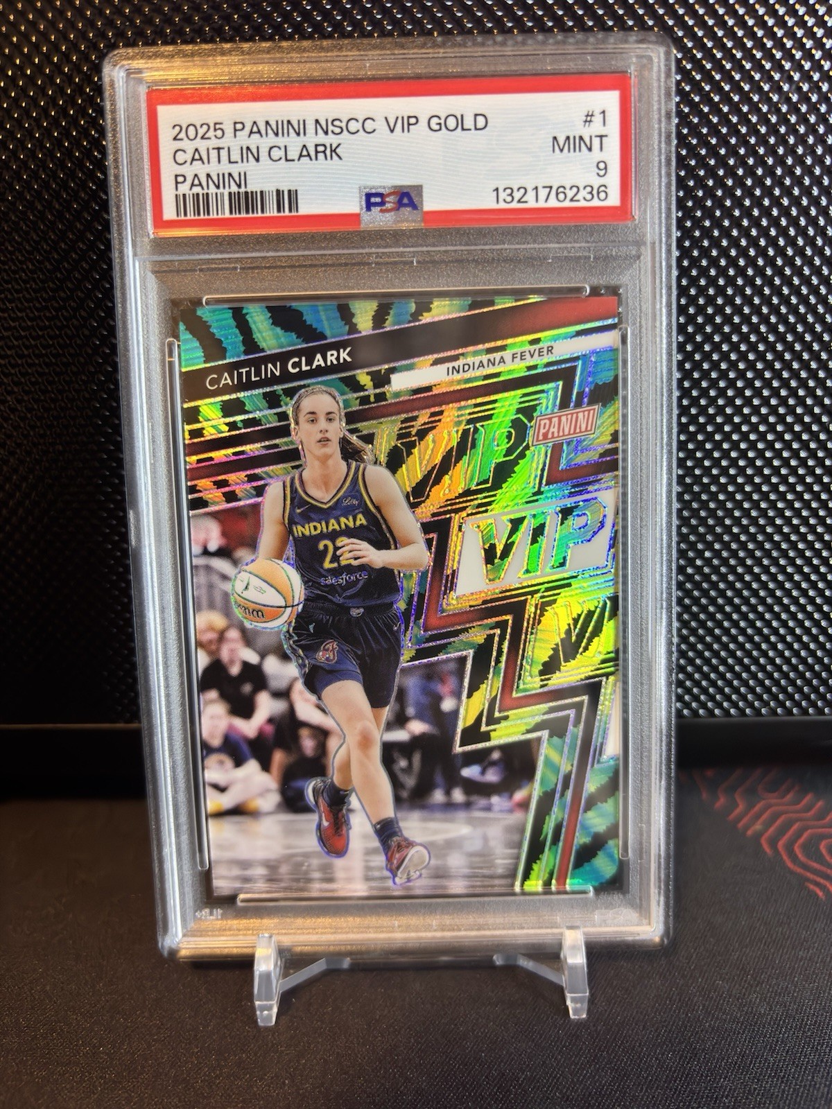 2025 Panini NSCC VIP Gold Caitlin Clark #1 Baja Tiger Stripes Prizm PSA 9