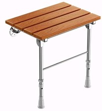 Wall-Mounted Folding Teak Shower Seat w/ Support Legs, Adjustable Height 350lb