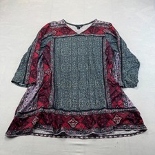 Lucky Brand Peasant Tunic Top Womens 1X Red Black Patterned Boho V-Neck Pullover