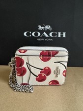 NWT Coach Zip Card Case With Cherry Print CZ761   Silver/ Chalk Multi