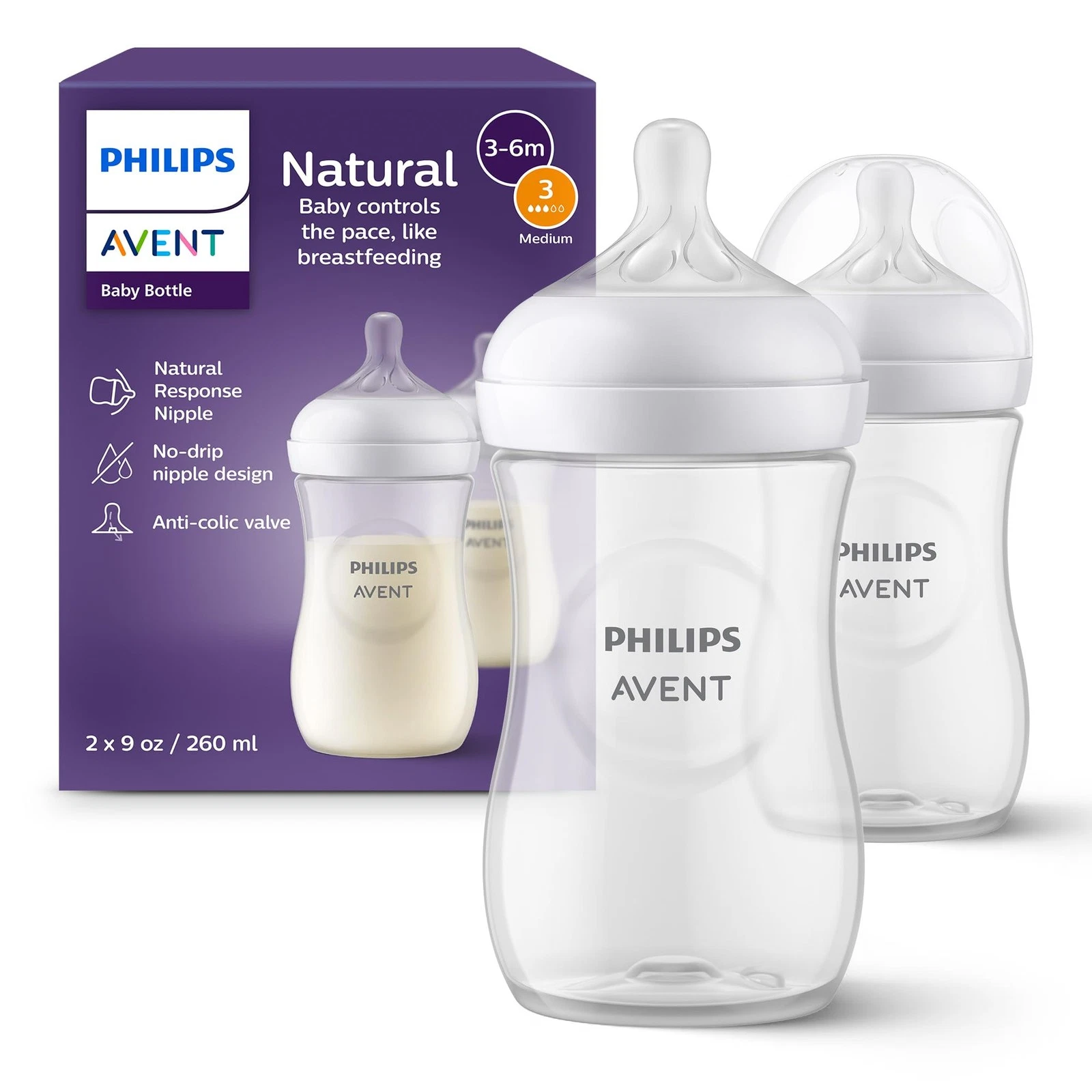 Philips Avent Natural Baby Bottles Pack of 2 with Anti Colic Nipple 9oz