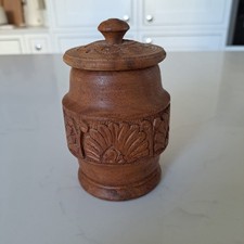 Vintage hand carved wooden lidded jar floral leaf Design Sheesham wood in India