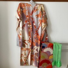 Kyoto Raw Silk Yuzen Kimono Orange  Lavender Traditional Handcrafted Used