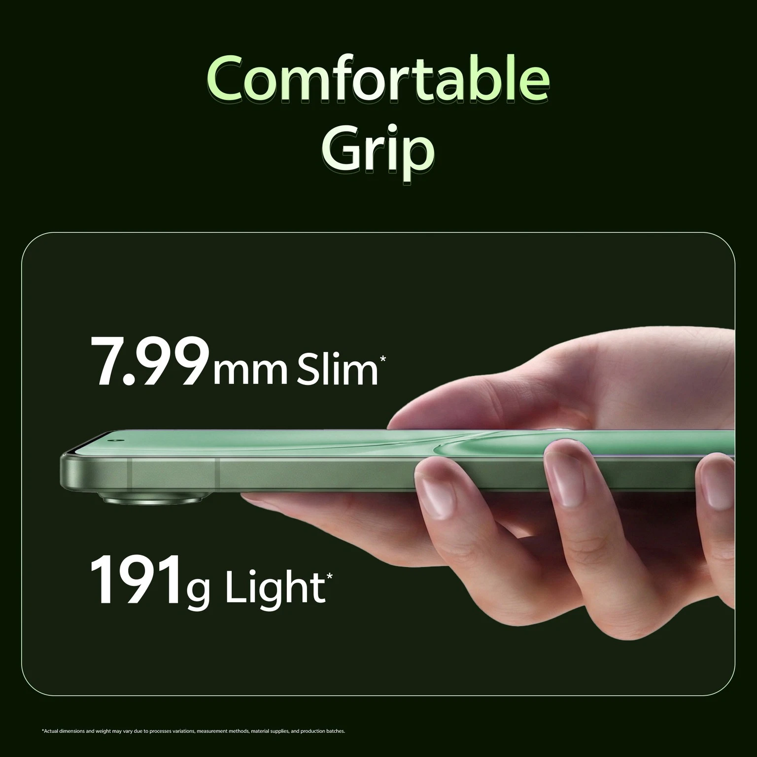 Green Vivo X300 FE 5G box with “Comfortable Grip” text, 7.99mm slim, 191g light, Snapdragon 8 Gen 5.