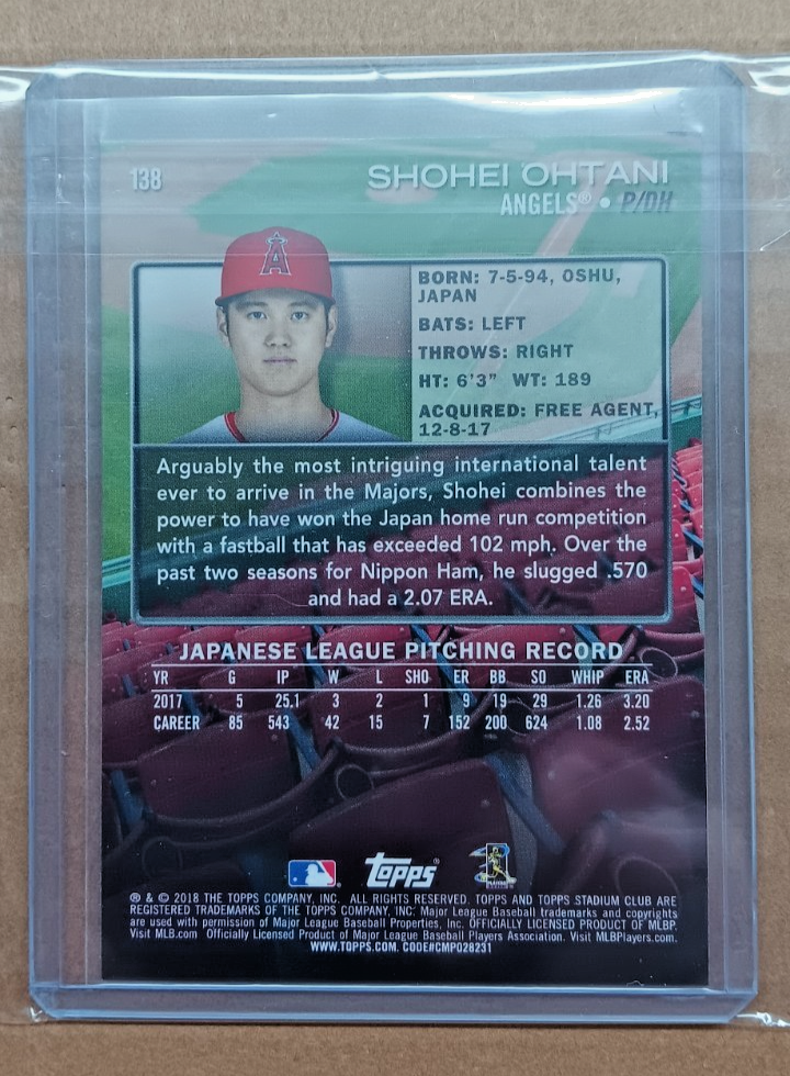 大谷翔平トレーディングカード 2018 Topps Stadium Club Shohei 2018 topps stadium club 138 Shohei