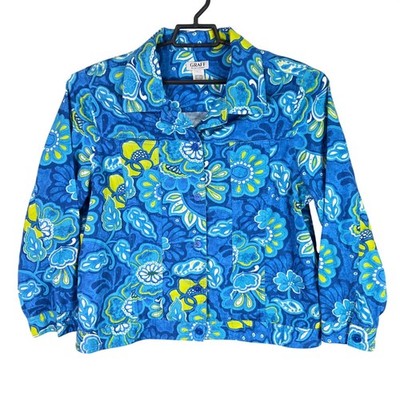 Womens Graff By UM Blue Floral Button Up Jacket 100% Cotton Vibrant Boho Size L