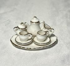 Vintage Dollhouse Miniature Tea Coffee China Serving Set White W/Gold Trim 1:12